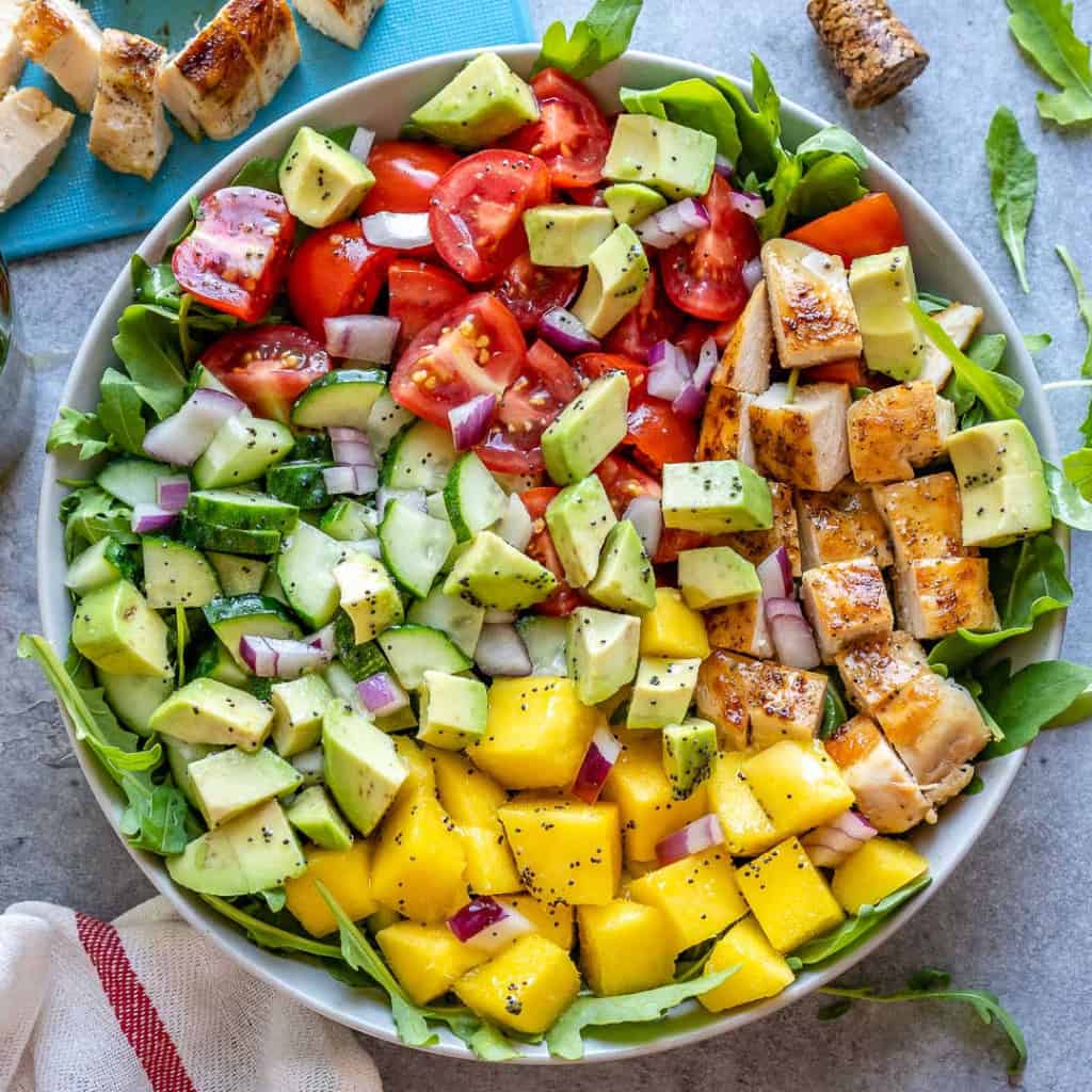 top view of chicken salad with mango