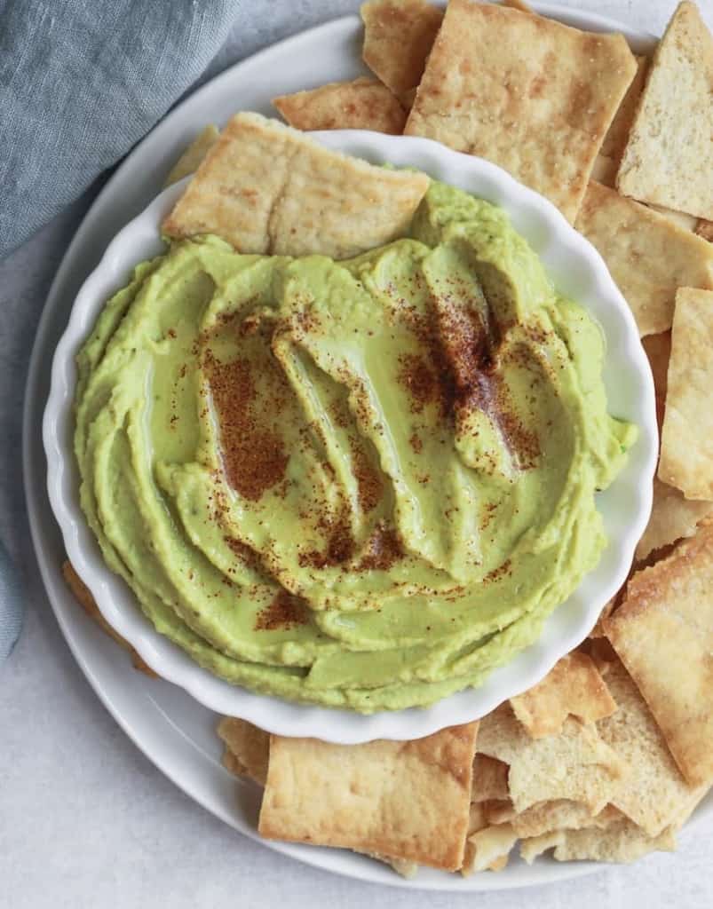 top view hummus with pita chips 