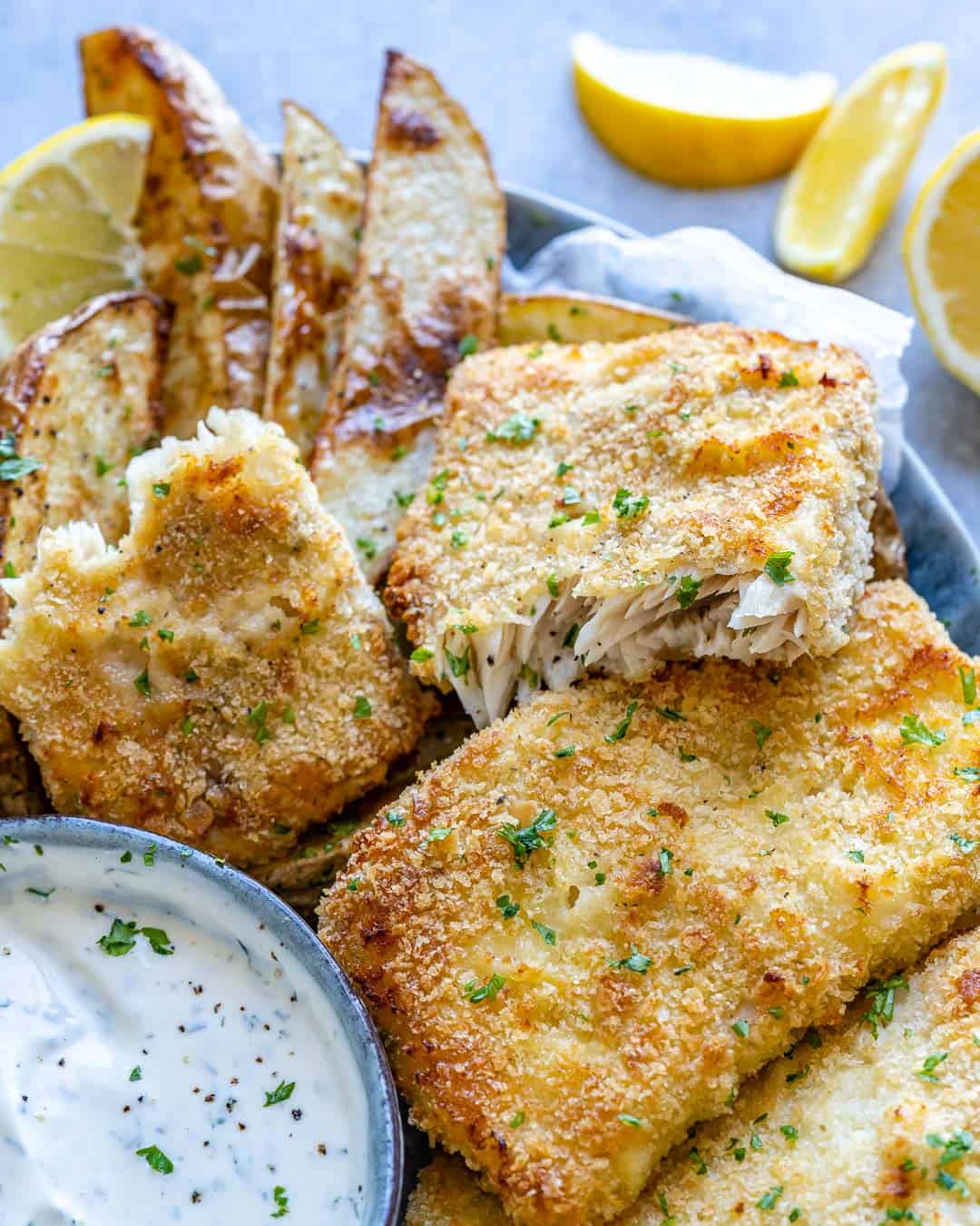 Crispy air fryer fish and chips on blue plate