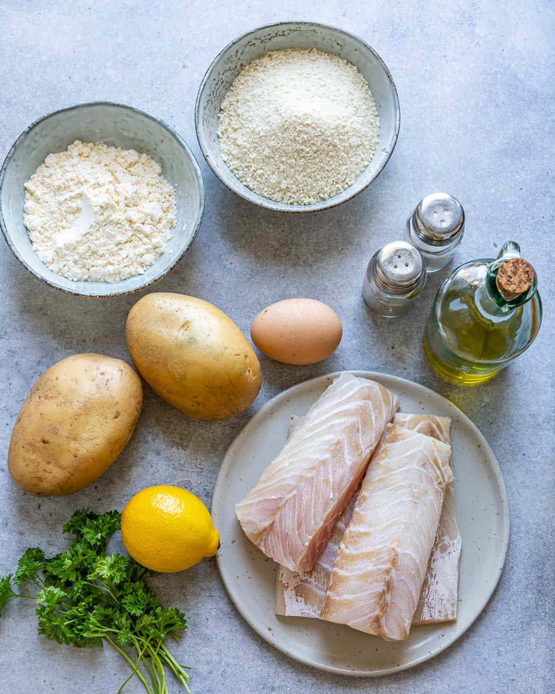 Ingredients for air fryer fish and chips on counter