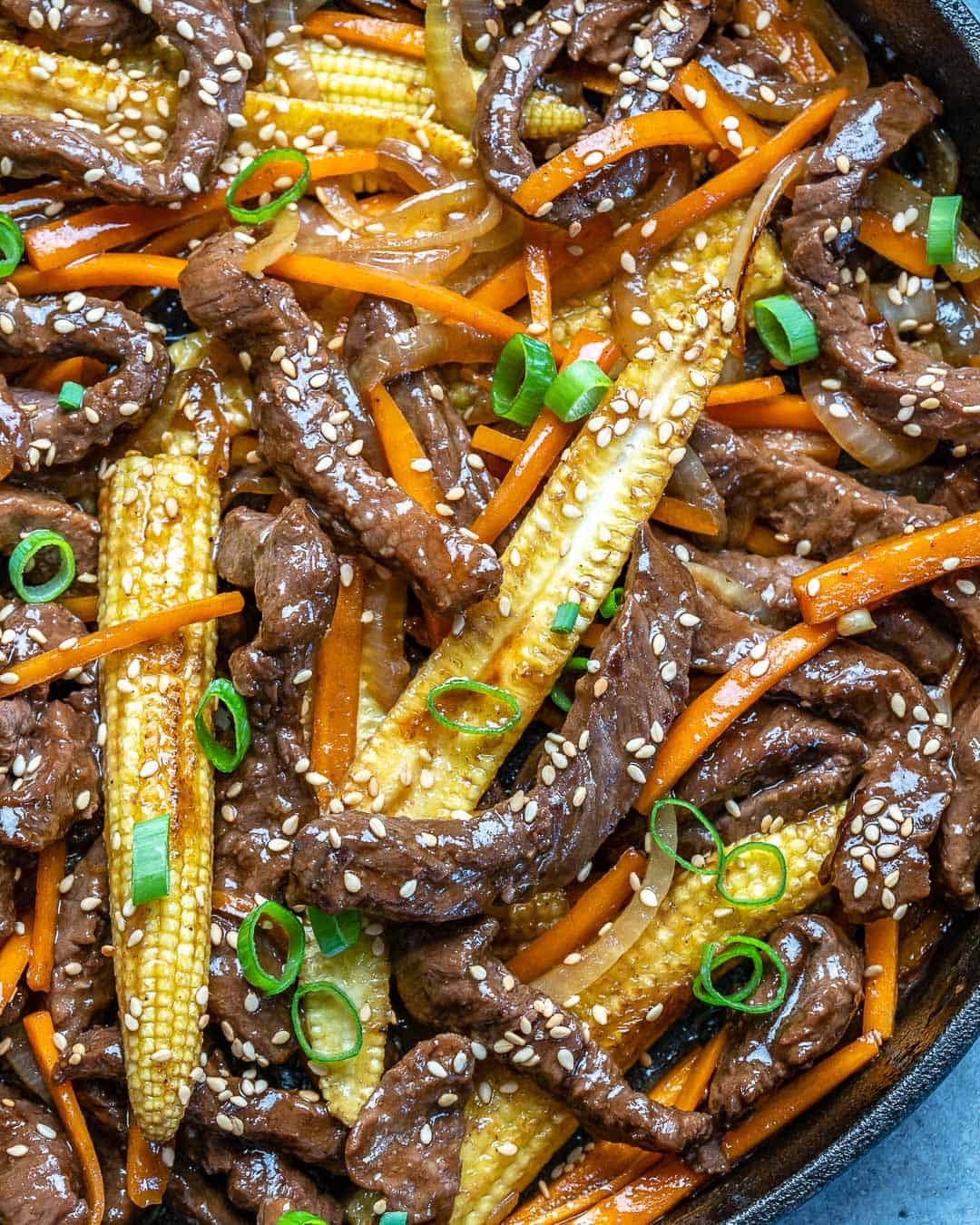 Close up of veggies and steak in beef stir fry