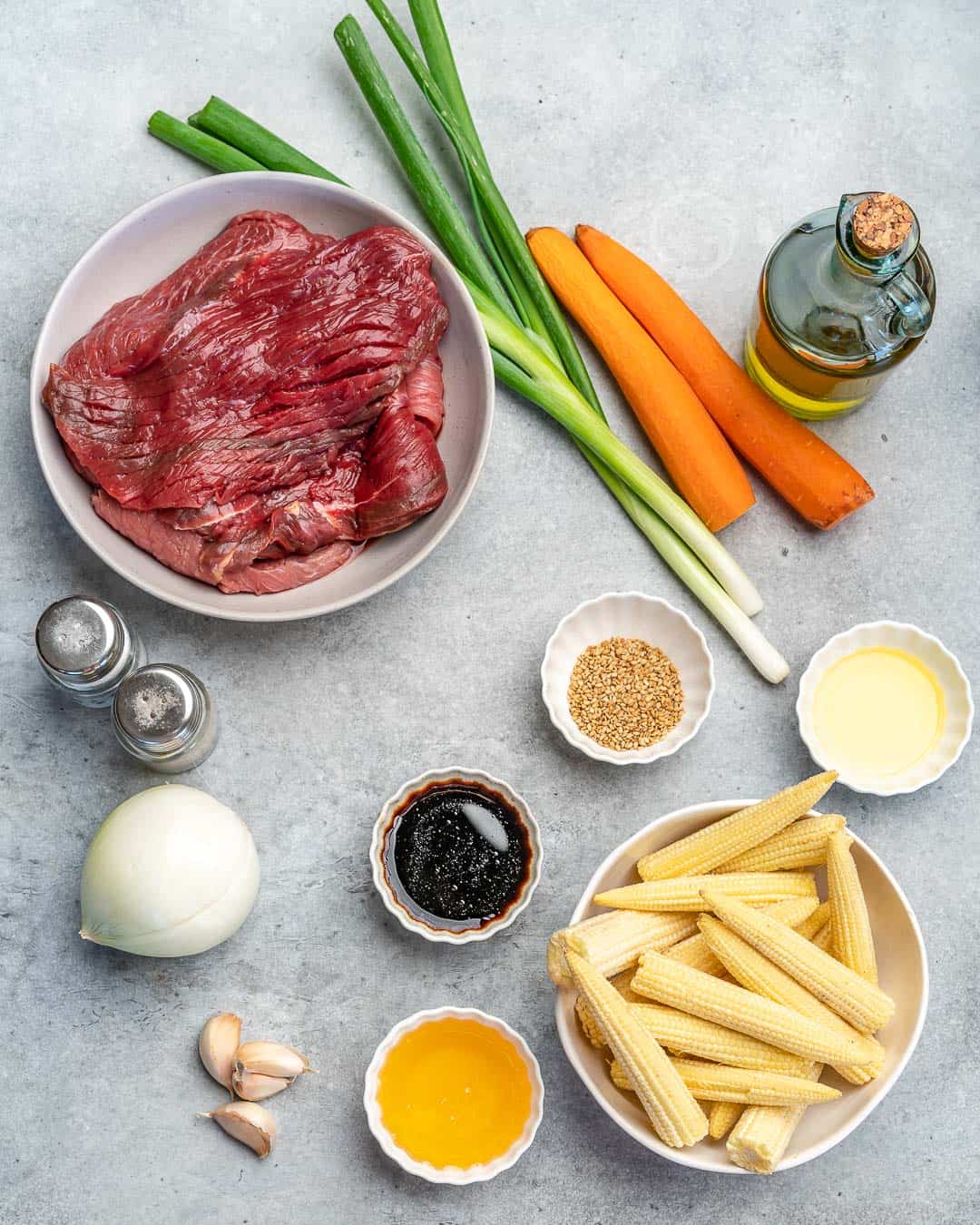 Ingredients for beef stir fry on counter