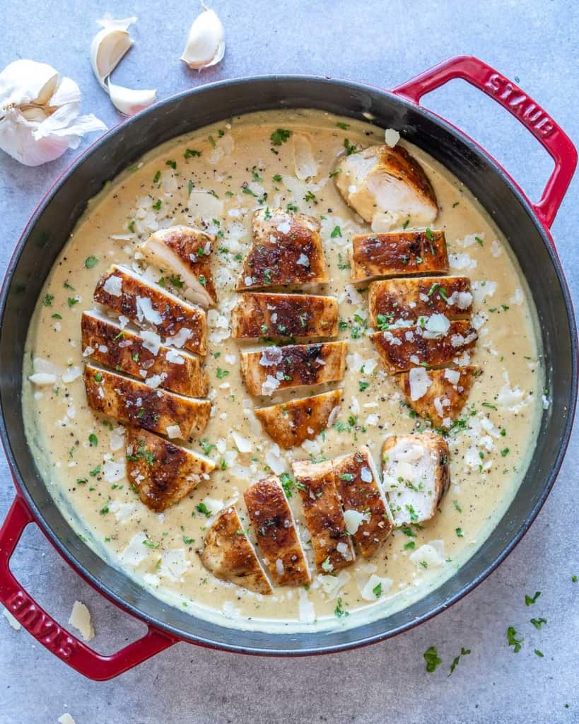 top view of creamy chicken skillet