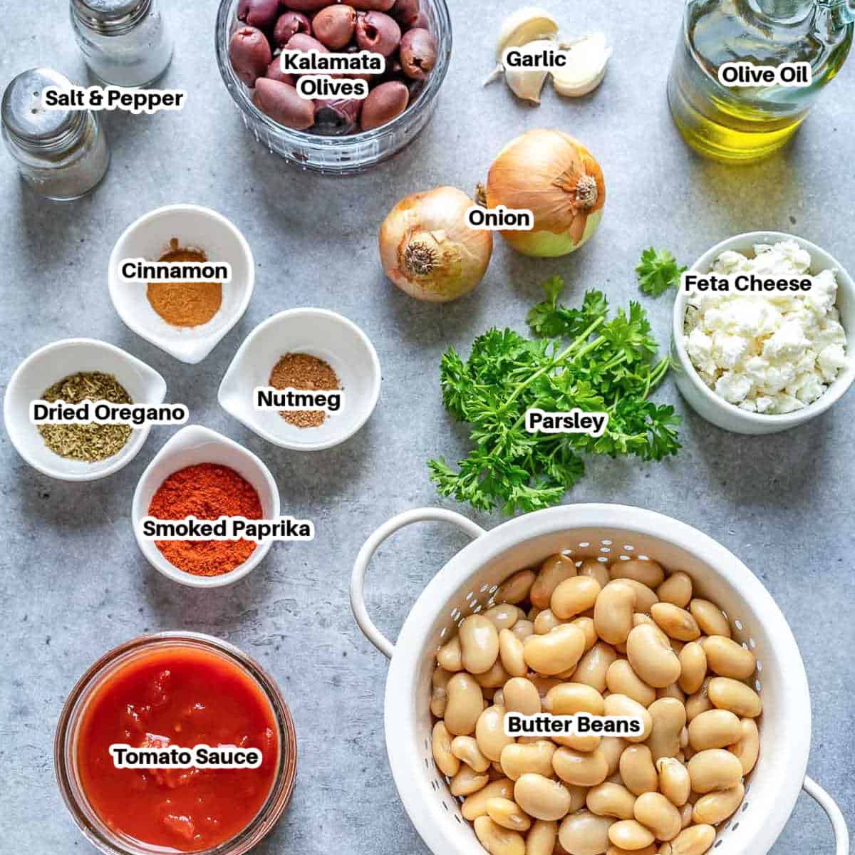 Ingredients for Greek baked beans laid out.