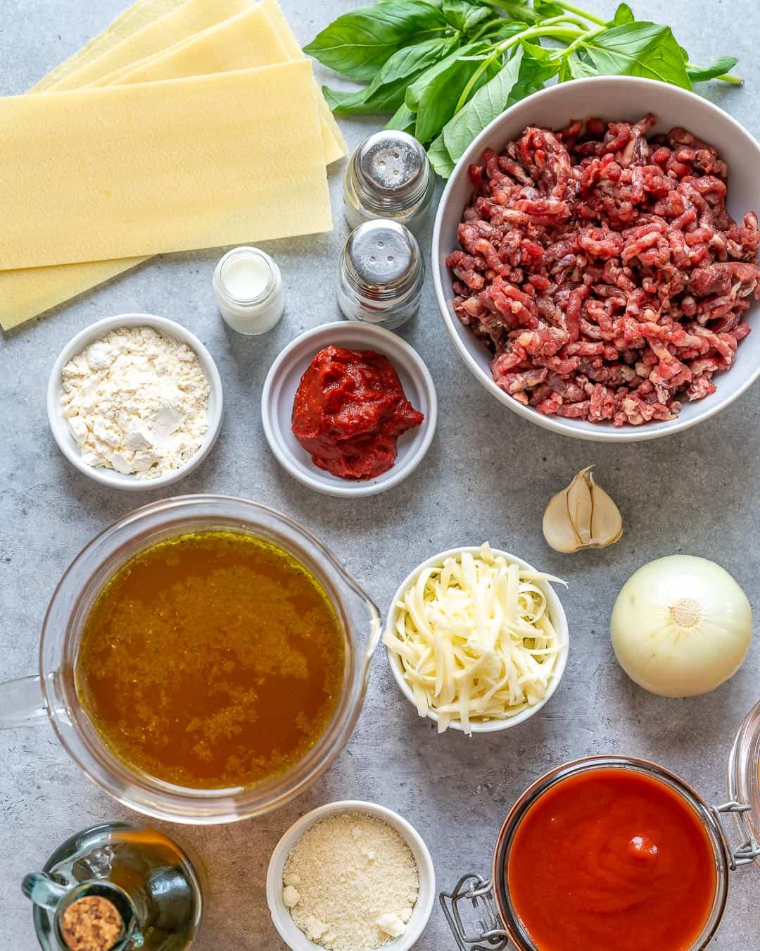 Ingredients for lasagne soup on counter