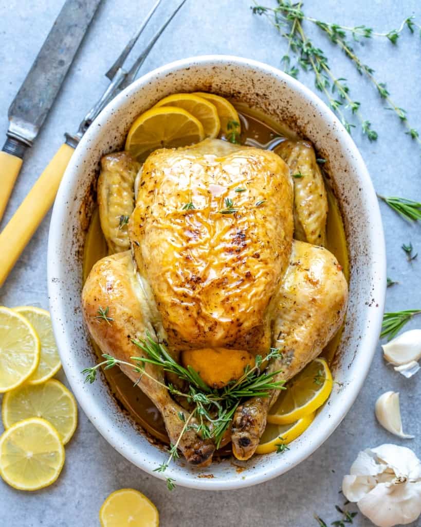 roasted chicken in a white bowl