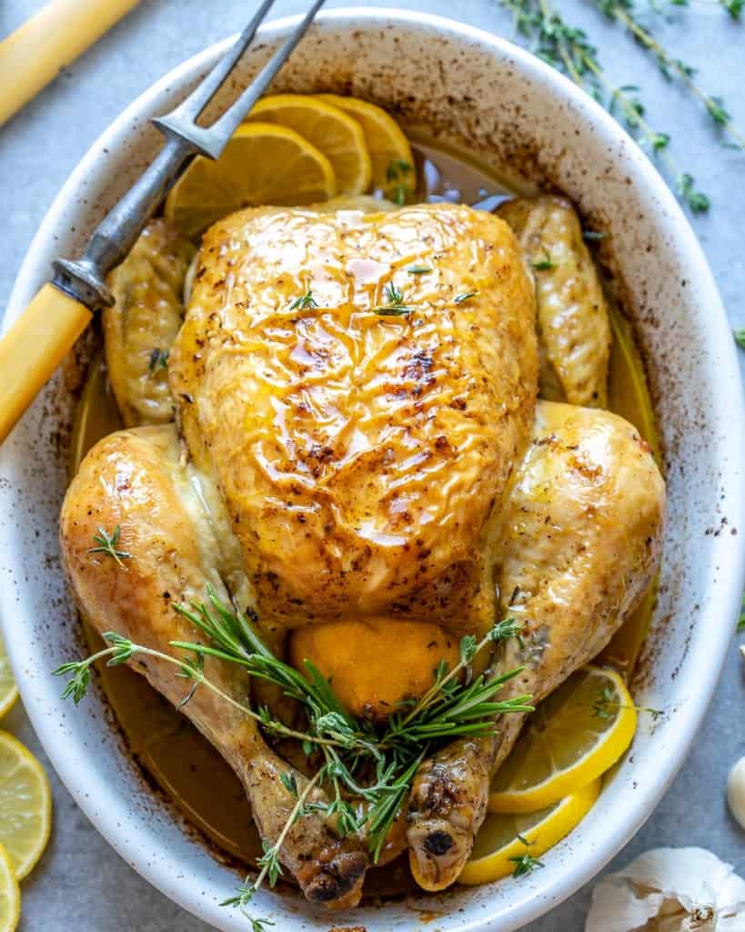 roasted chicken in a white bowl