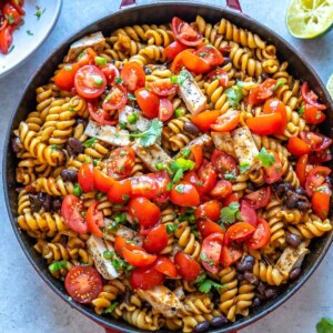mexican chicken pasta in pot on counter