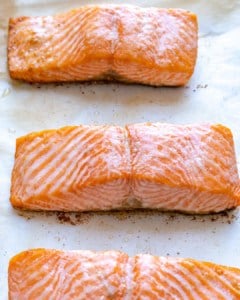 cooked salmon on a pan.