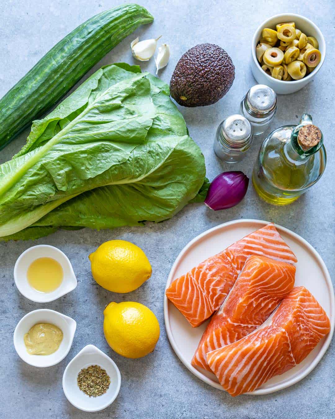 Ingredients for Salmon Avocado Salad on counter
