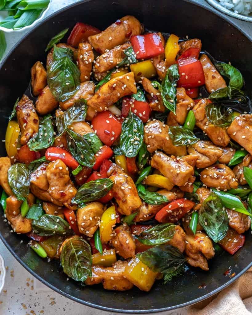 top view chicken stir fry with basil