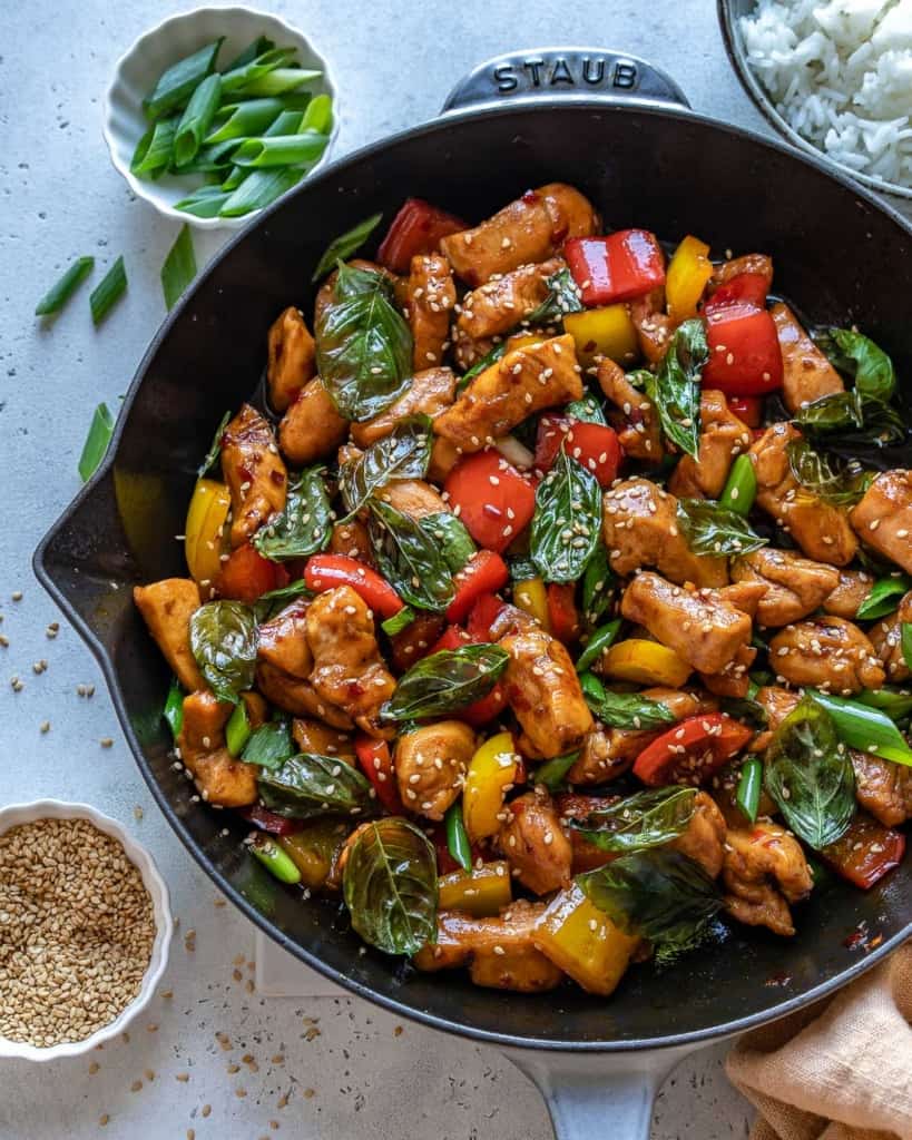 thai basil chicken recipe in a skillet.