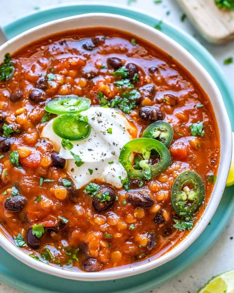 easy vegan chili in a white bowl