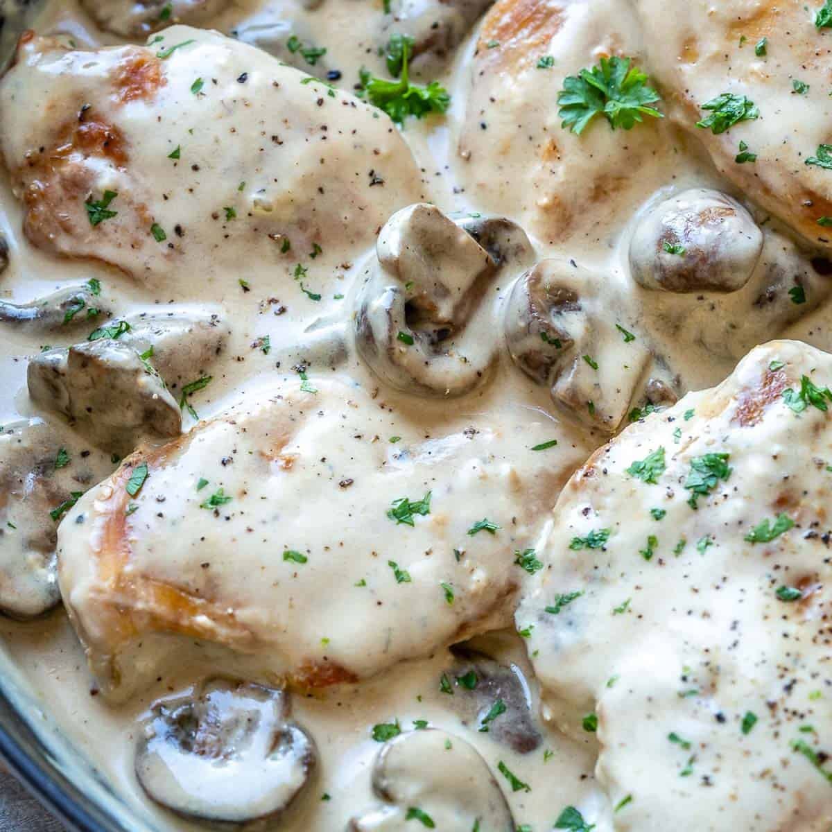 creamy chicken and mushroom in a sauce cooked in a skillet.
