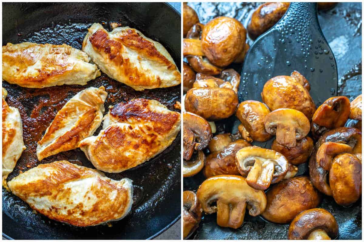 collage for cooking the chicken and then browning the mushrooms.