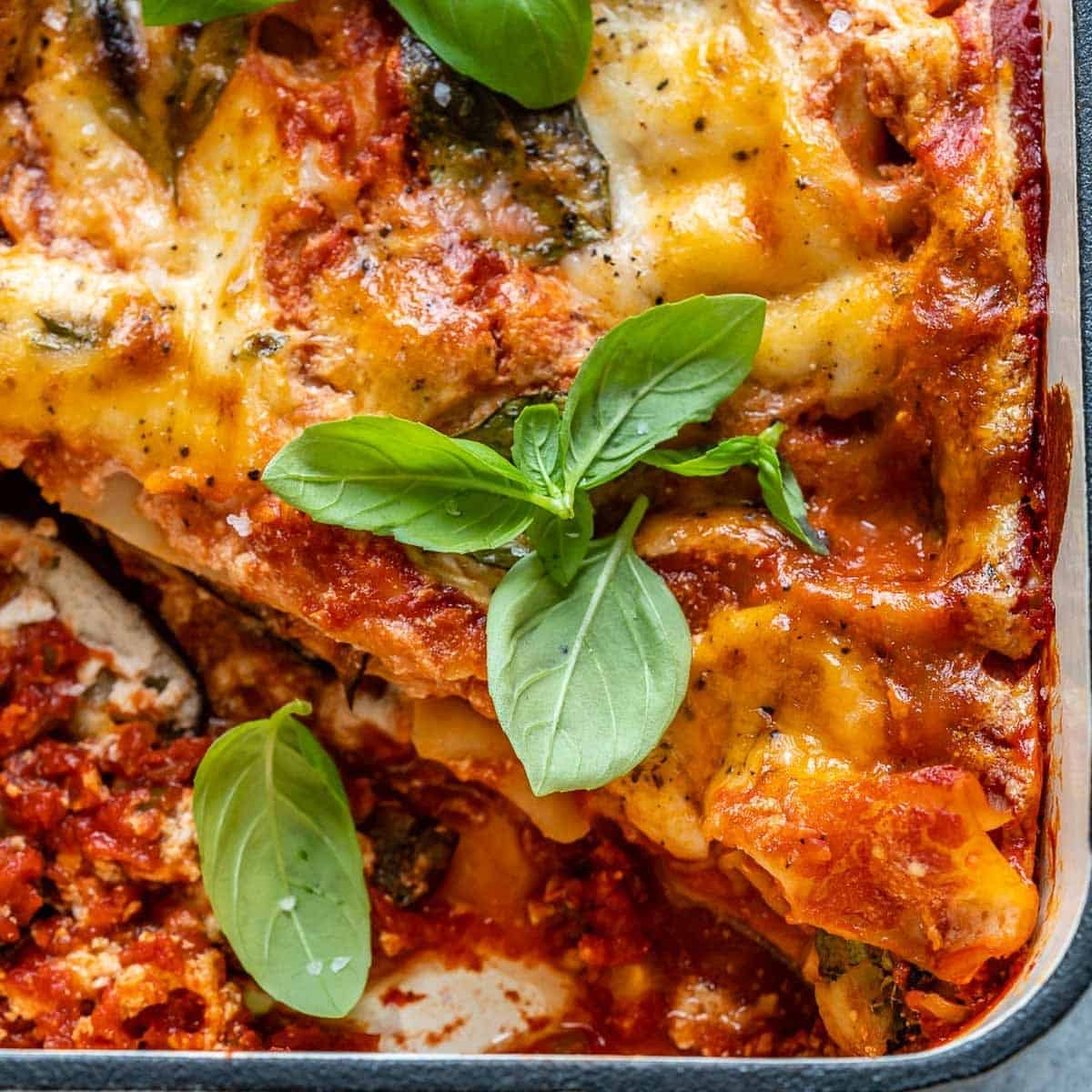 Baked eggplant lasagna in a dish.