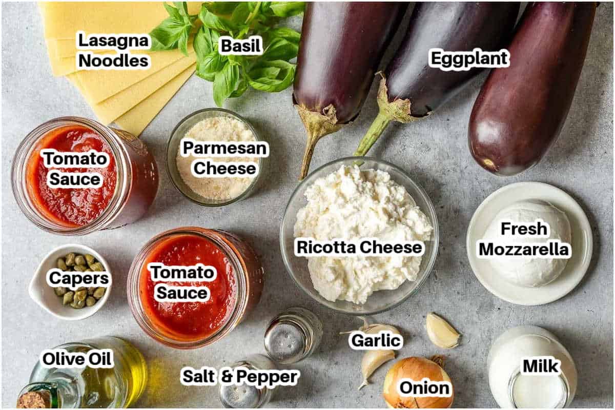 ingredients to make vegetarian eggplant lasagna.