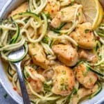 top view of chicken scampi with fork in the zoodle bowl