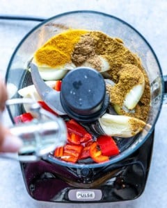 Ingredients in a food processor to make curry paste