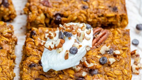 Pumpkin oatmeal bake with yogurt garnish.