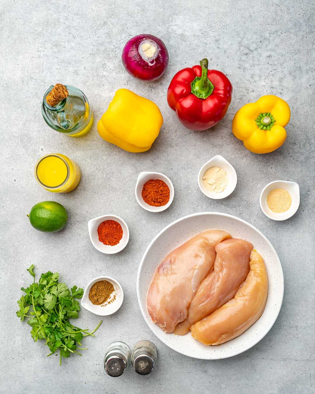 Ingredients for Crockpot chicken fajitas on counter.