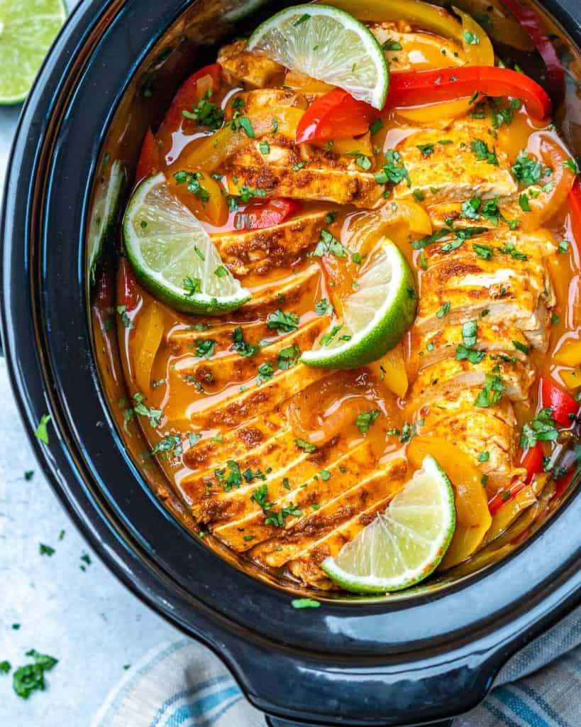 top view chicken fajitas in crockpot