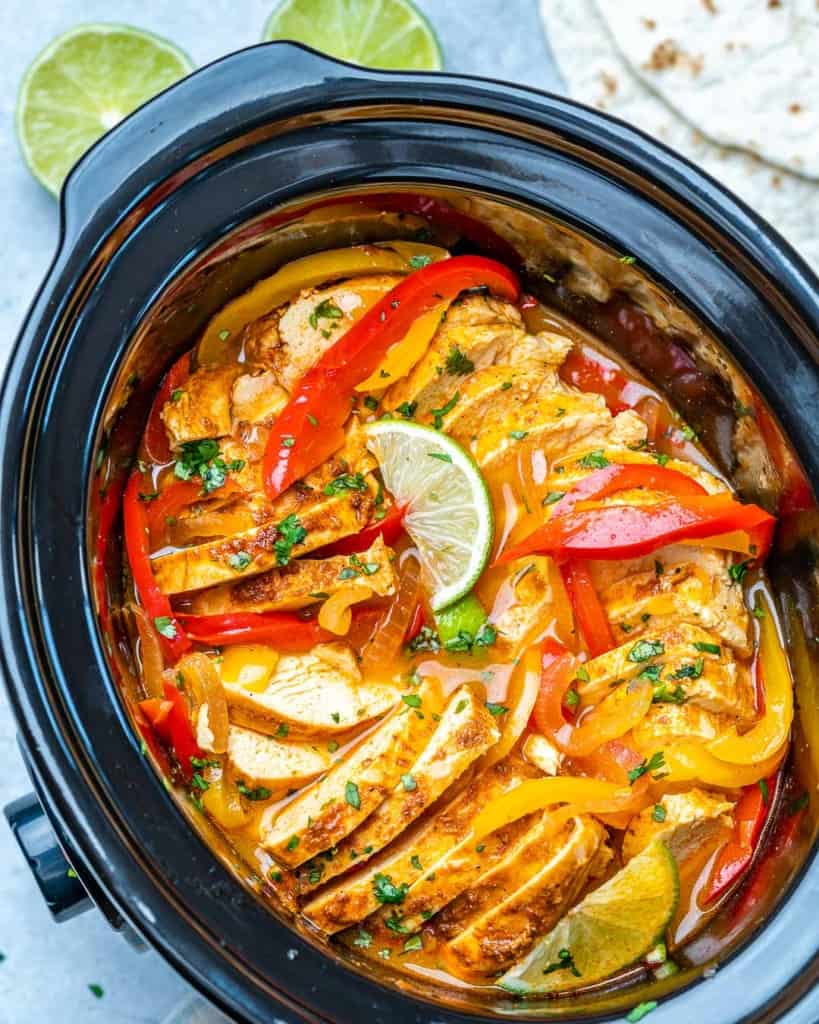 top view chicken fajitas in crockpot