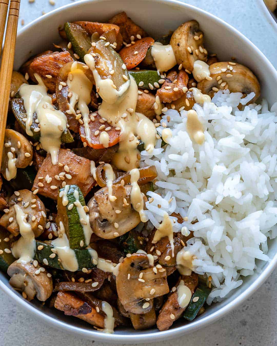 top view and close up of hibachi chicken in rice bowl