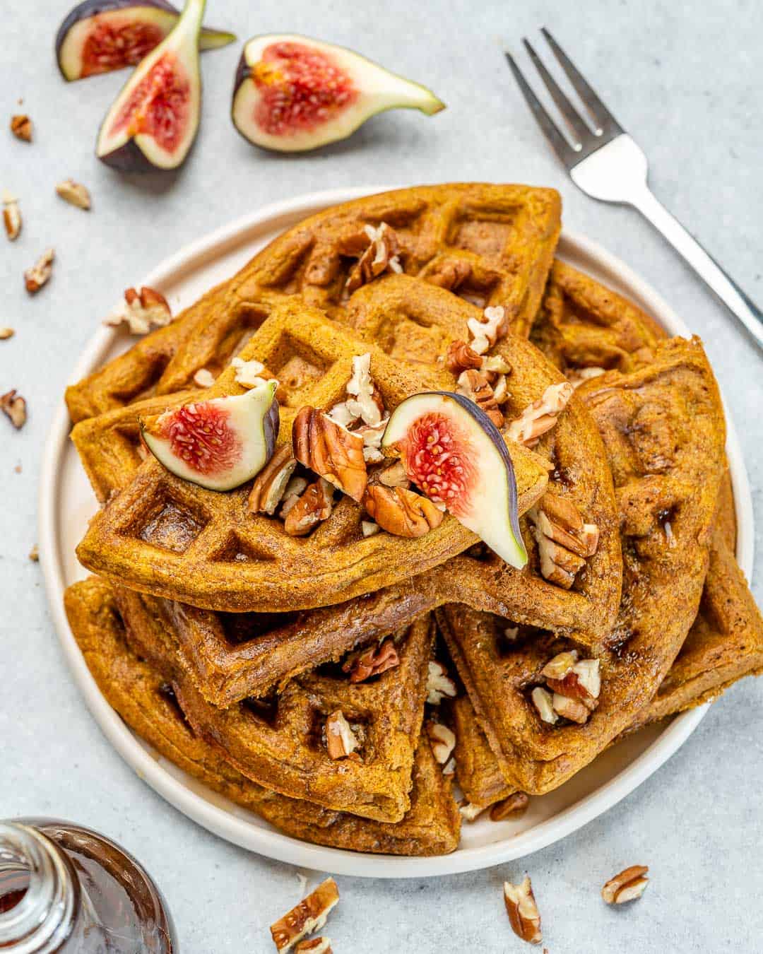 top view of pumpkin waffles topped with fresh figs
