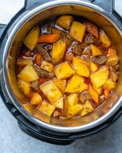 Top down view of instant pot beef stew, in an instant pot.