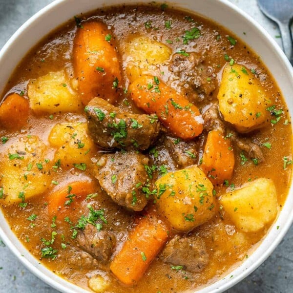 top view of beef stew in a white bowl
