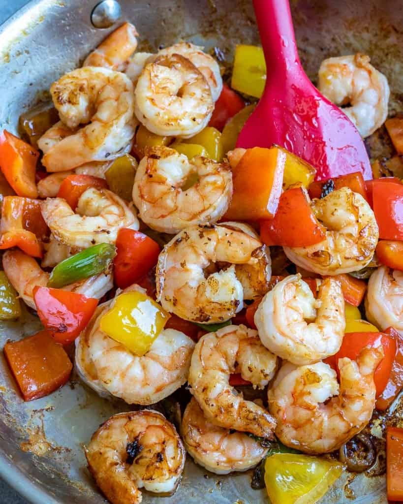 Shrimp mixed with bell peppers and green onions
