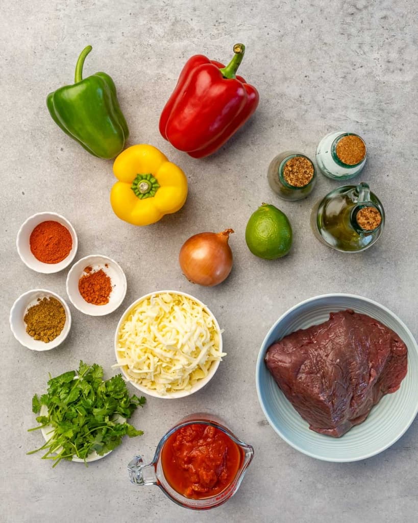 Top down shot of ingredients for stuffed peppers.