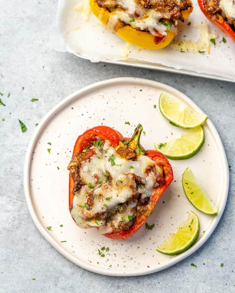 top view stuffed peppers on a white plate 