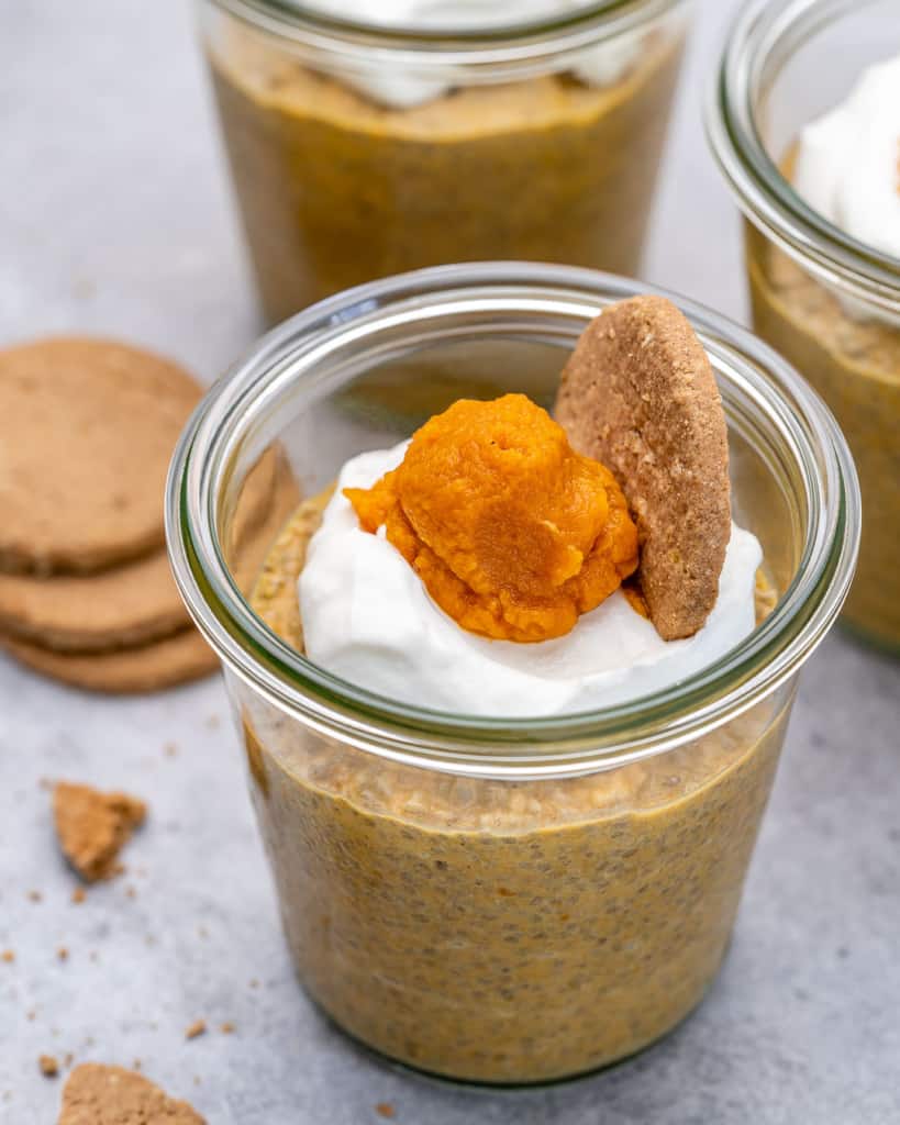 close up chia pudding in a cup - healthy pumpkin desserts