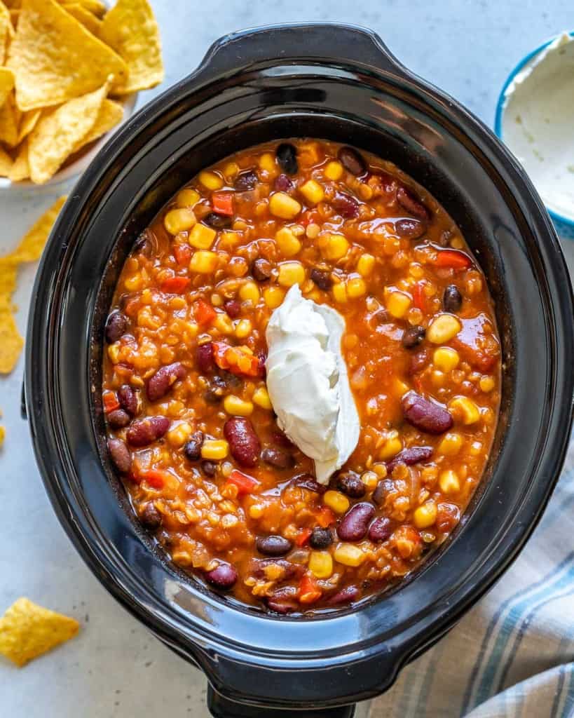 cream cheese added over the cooked tortilla soup in crockpot