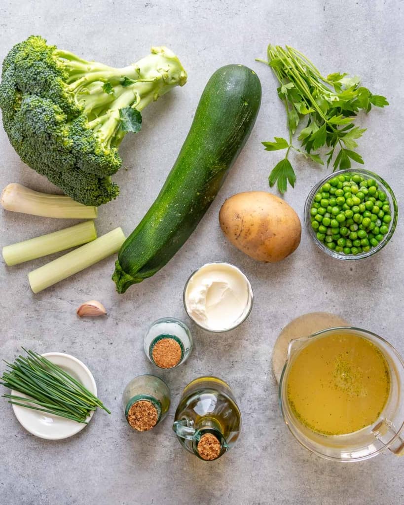 ingredients to make the zucchini noodle and broccoli soup