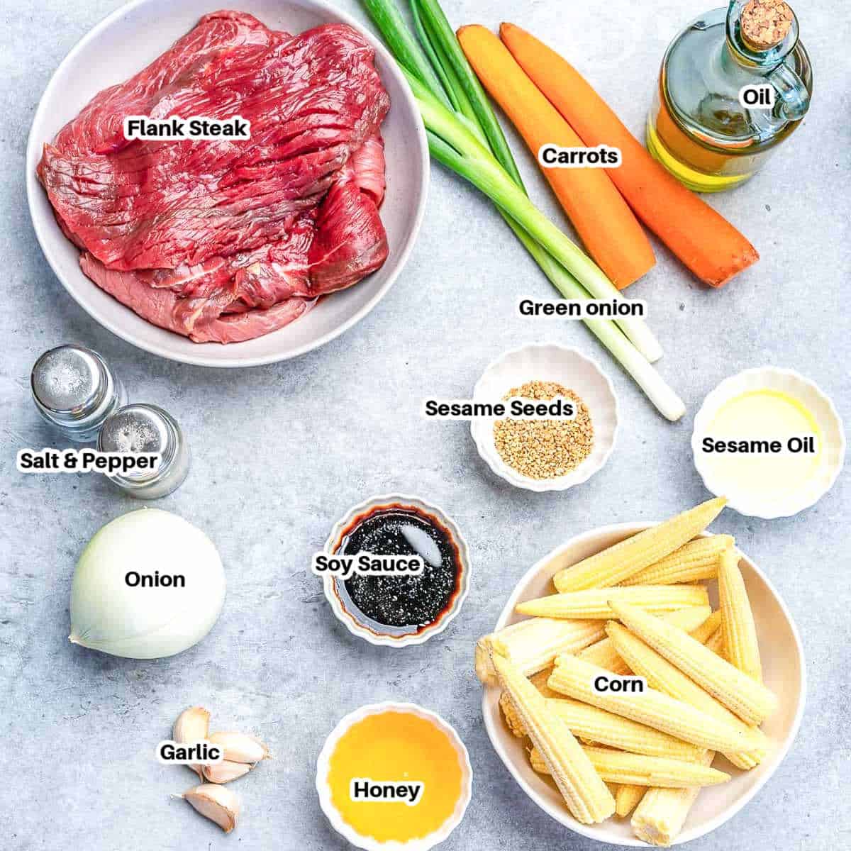 Ingredients to make beef stir fry.