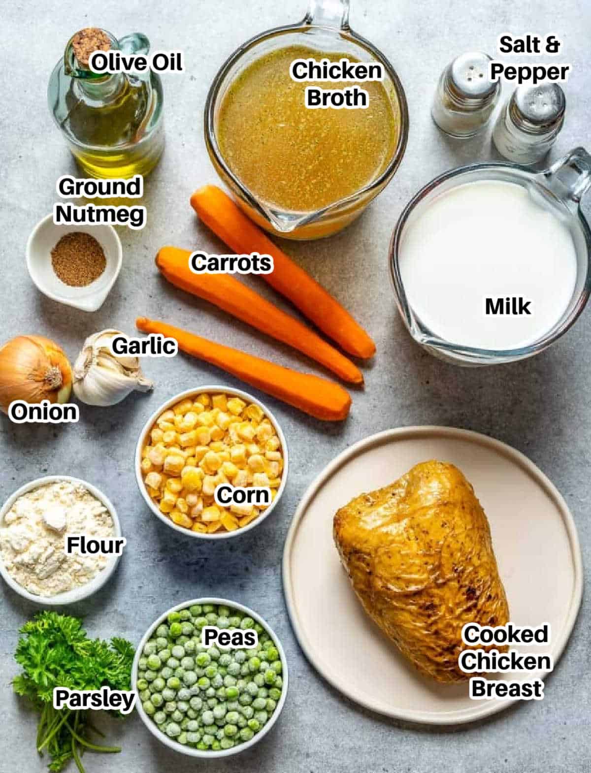 chicken pot pie soup ingredients laid out.