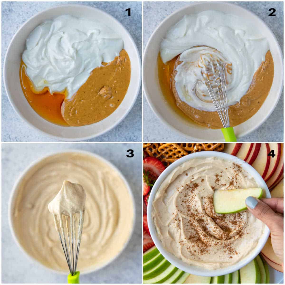 process shot to make the peanut butter yogurt dip in a bowl with a side of fruits.