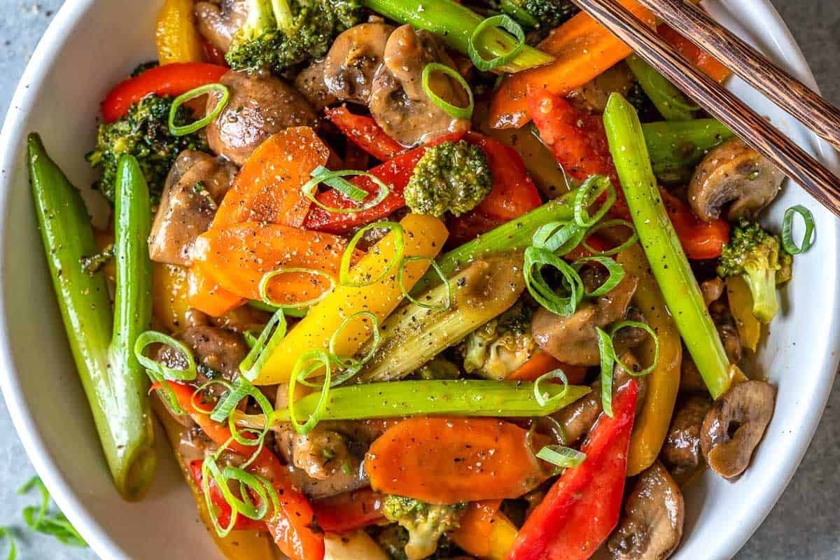 a round bow with stir fried veggies.