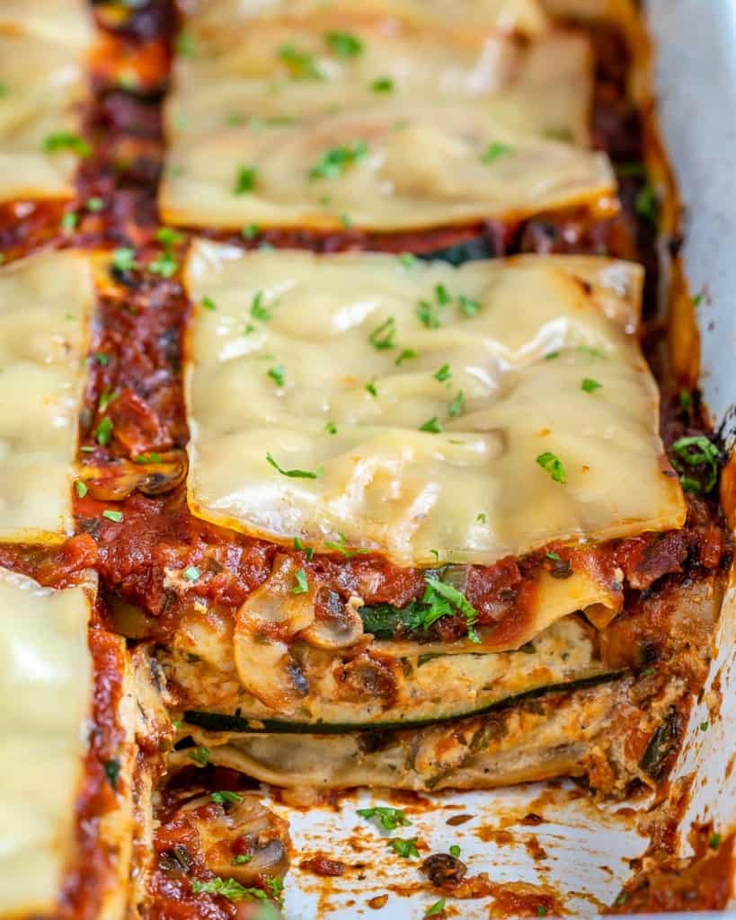 Sliced Vegan Lasagna with Zucchini in baking dish