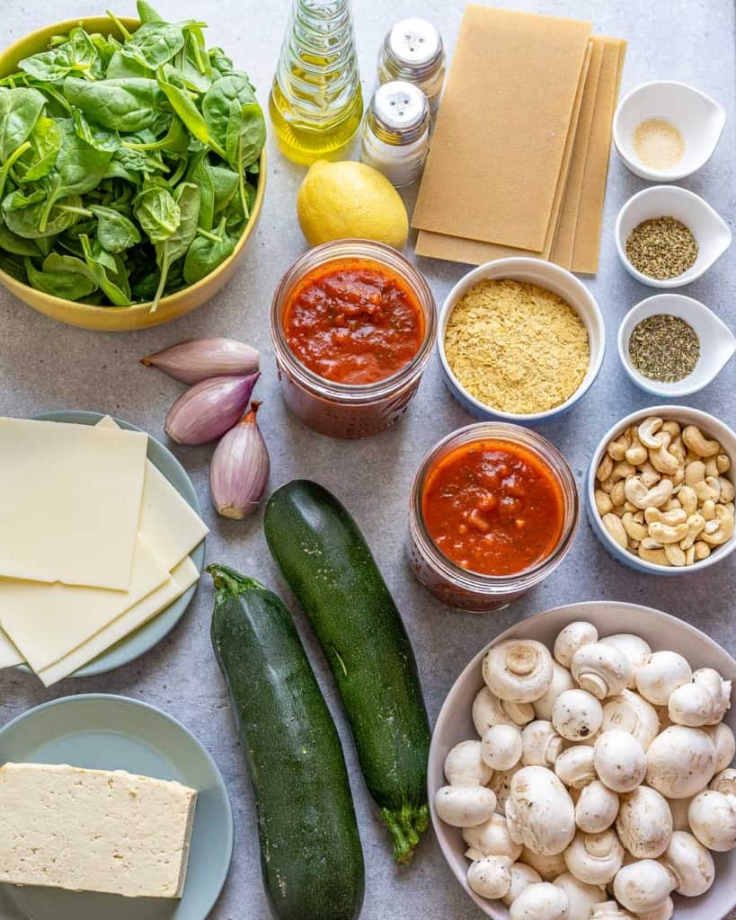 Ingredients for vegan lasagna on counter