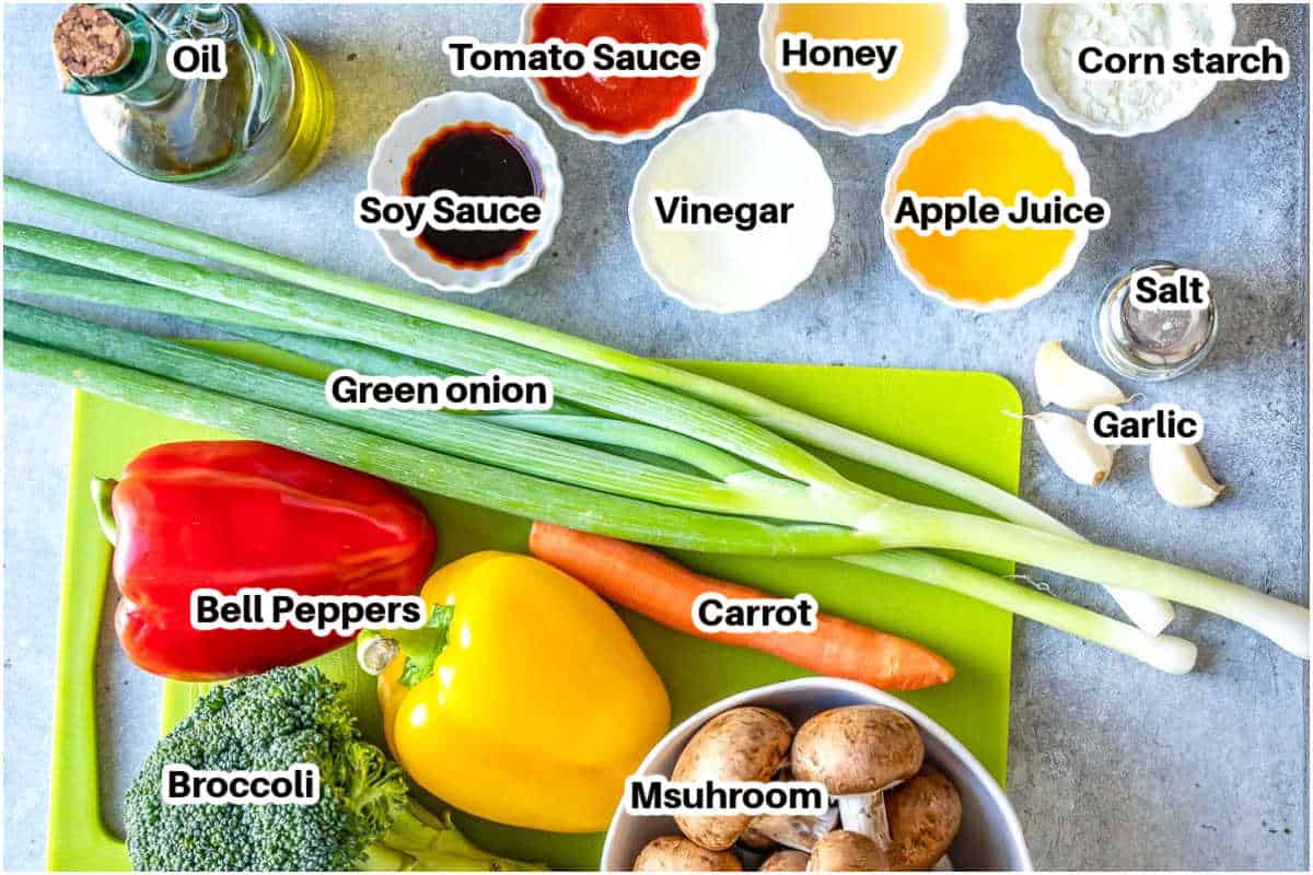 ingredients laid out for sweet and sour vegetable stir fry.