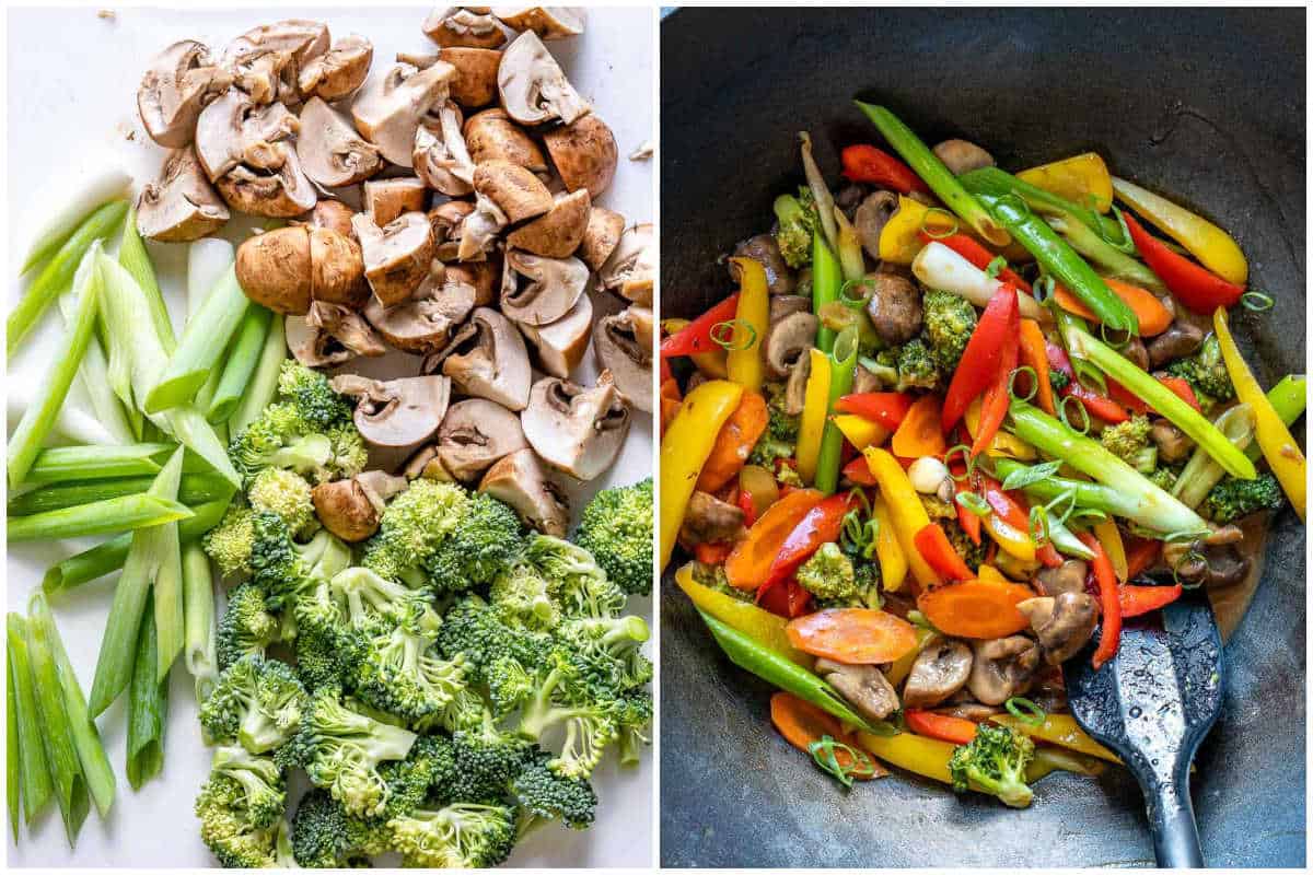 process shot to chop veggies and stir fry in a wok pan.