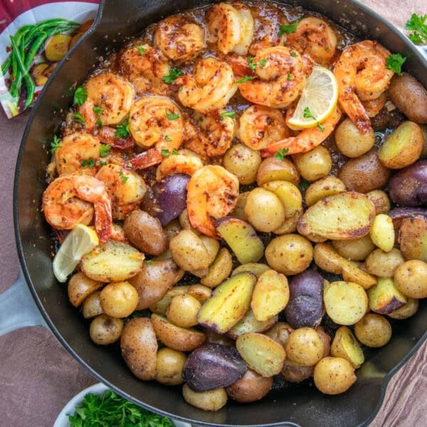 shrimp and potatoes in skillet