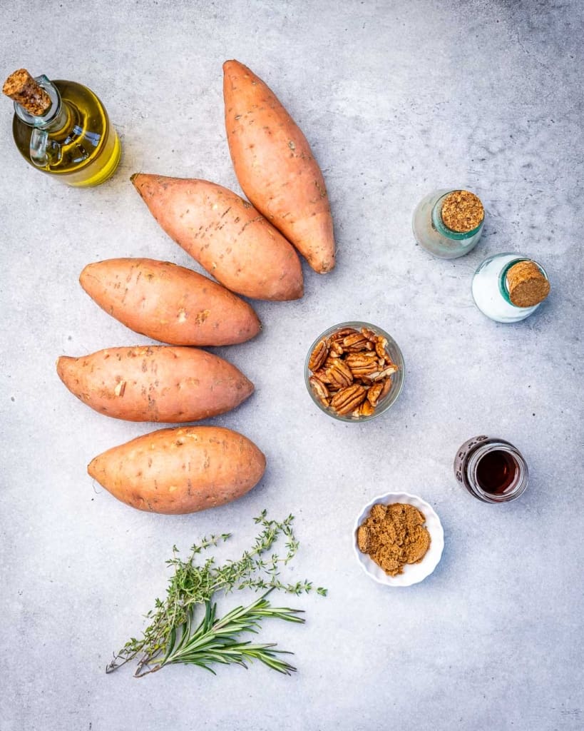 Ingredients for maple roasted sweet potatoes.