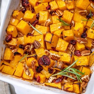 top view of roasted butternut squash in white dish