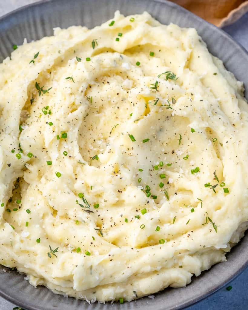 Overhead shot of healthy mashed potatoes in a bowl.