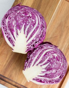 top view of red cabbage cut in half